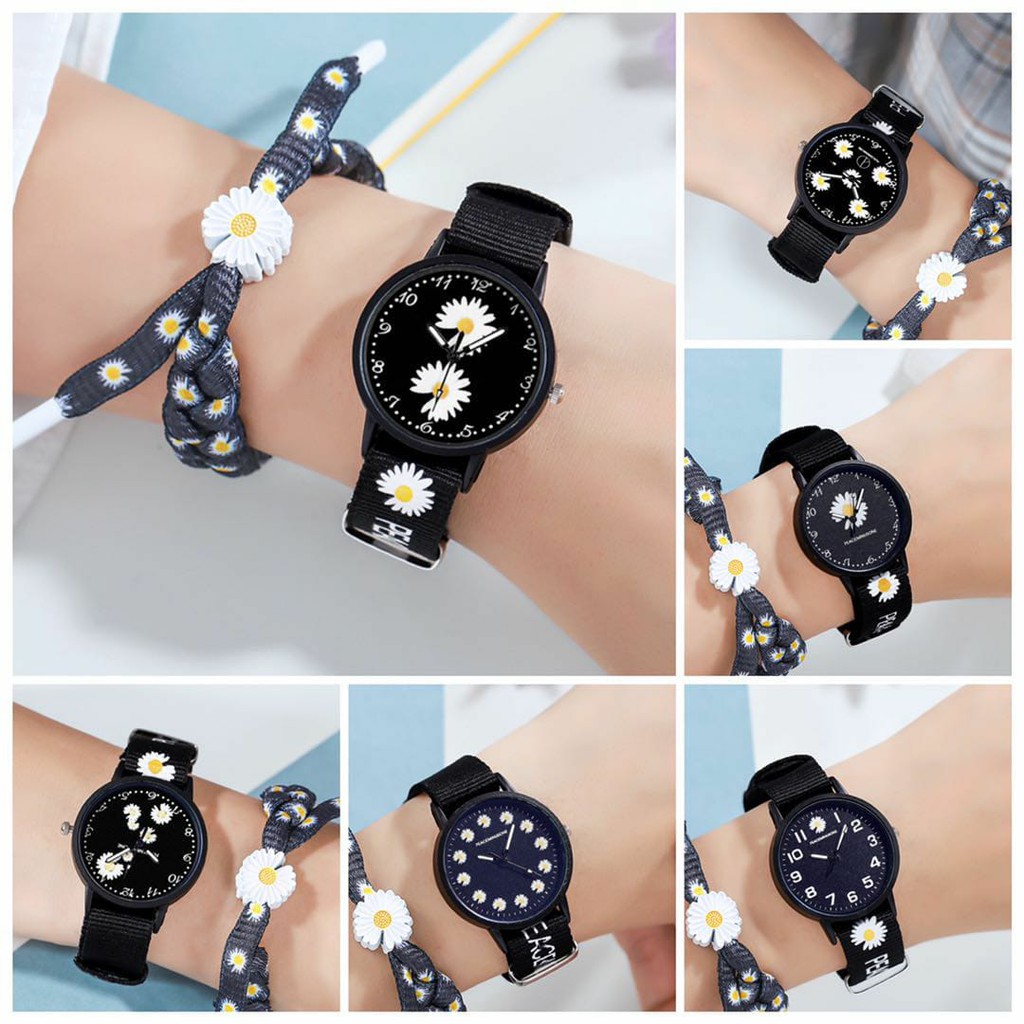 [COD] Jam Tangan Wanita Quartz Analog Motif Bunga Daisy Bahan Nilon Kanvas Untuk Wanita Watch