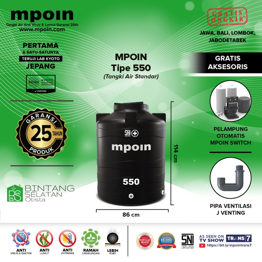 MPOIN TANGKI TOREN TANDON AIR  KIMIA 550 Ltr SNI GARANSI