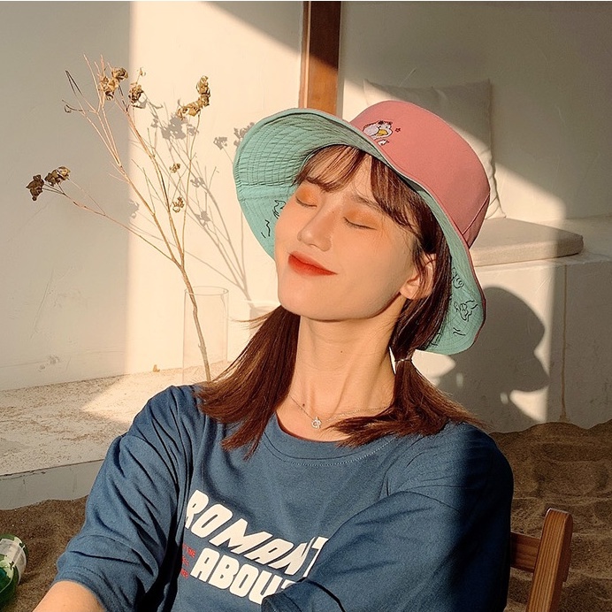 Fashion Cotton topi mancing Double-sided Bucket Hat Women Outdoor Sunscreen Simple Cute Fisherman's Hat