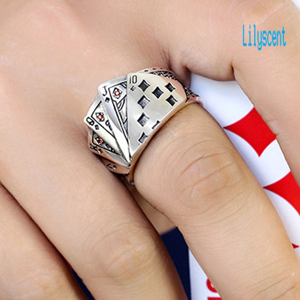 Cincin Model Terbuka Lapis Silver Dapat Disesuaikan Motif Kartu Poker Gaya Punk Untuk Pria