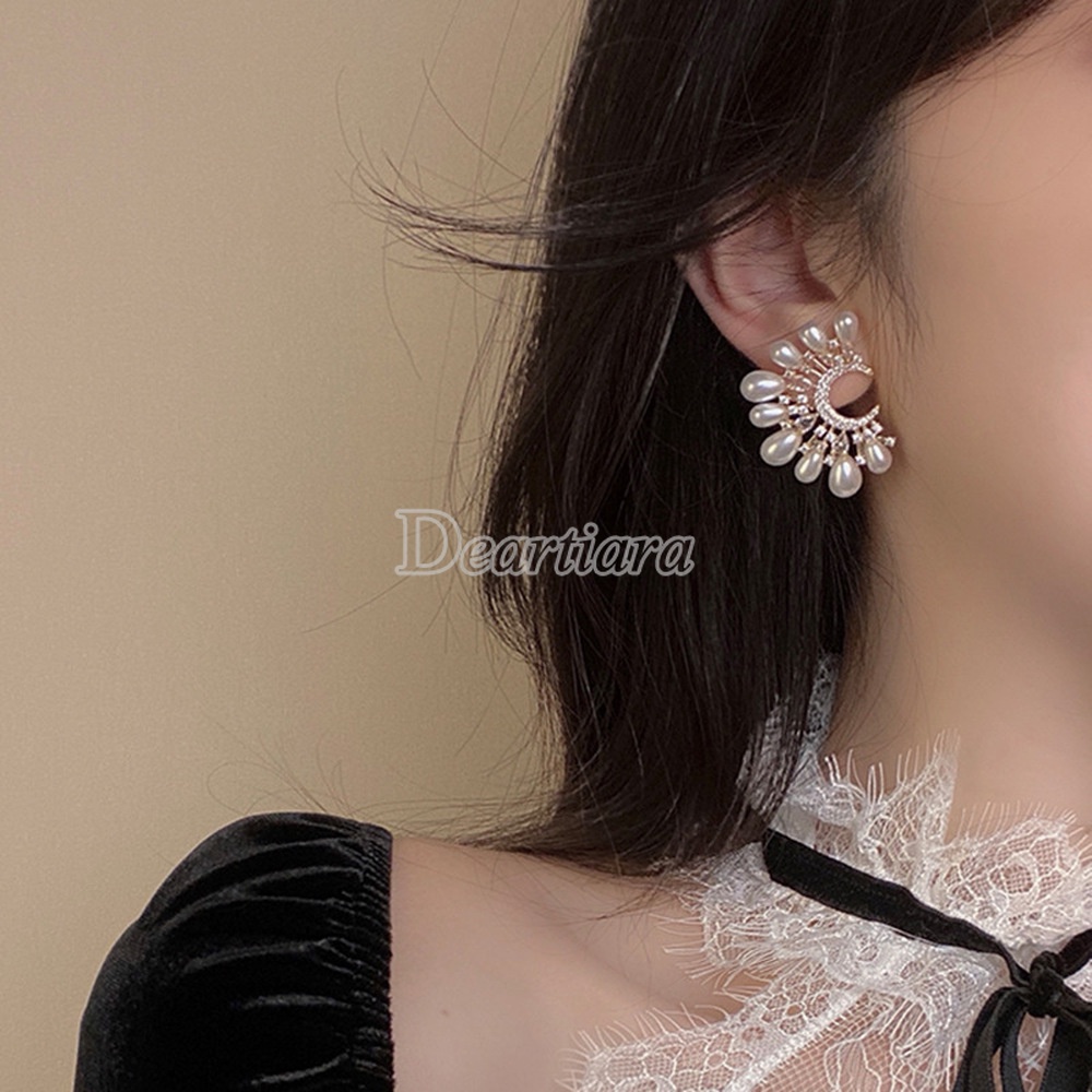 Anting Bentuk C Ganda Aksen Mutiara Gaya Retro