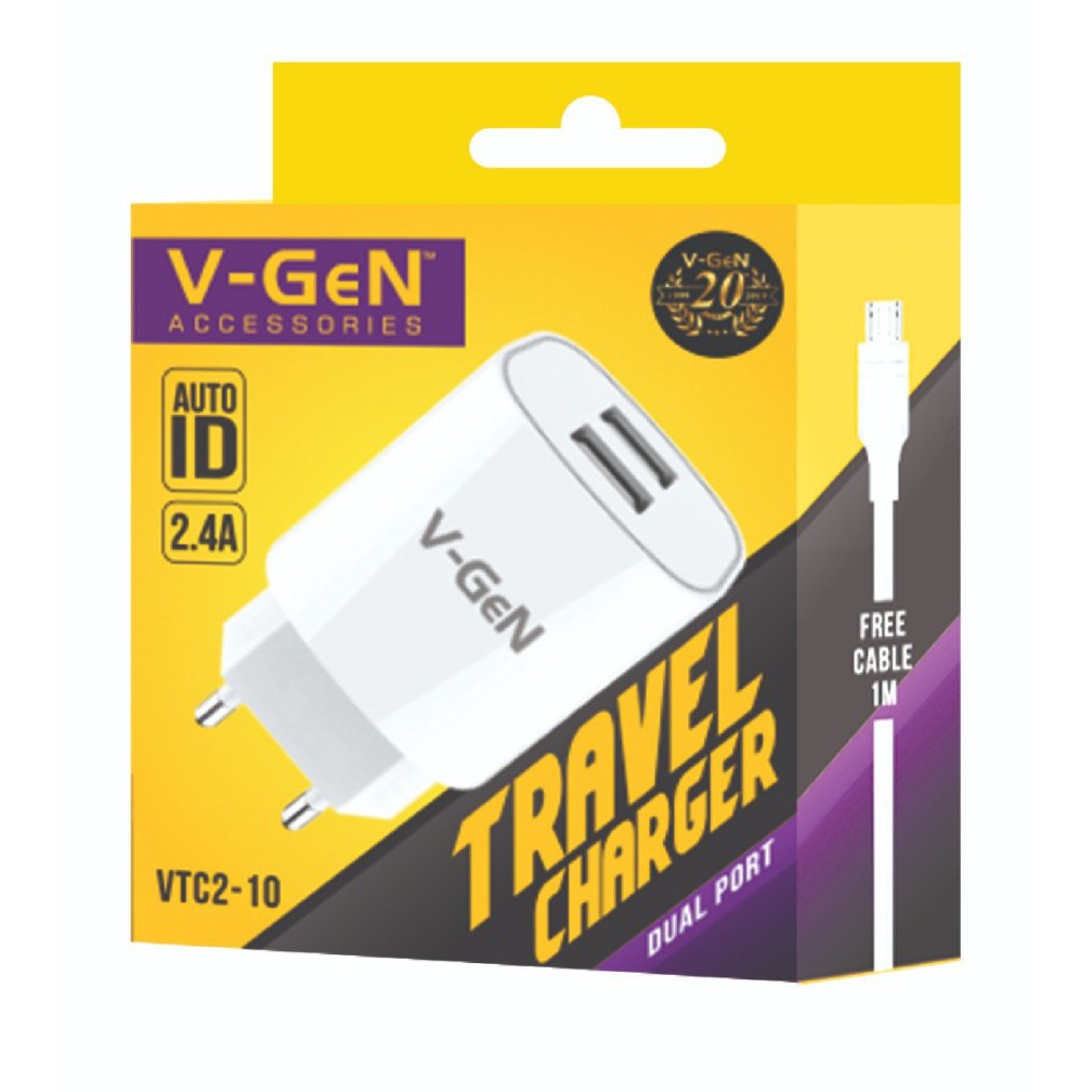 [COD] CHARGER VGEN VTC2-10 AUTO ID DUAL PORT 2.4A INCLUDE KABEL DATA MICRO USB 1M