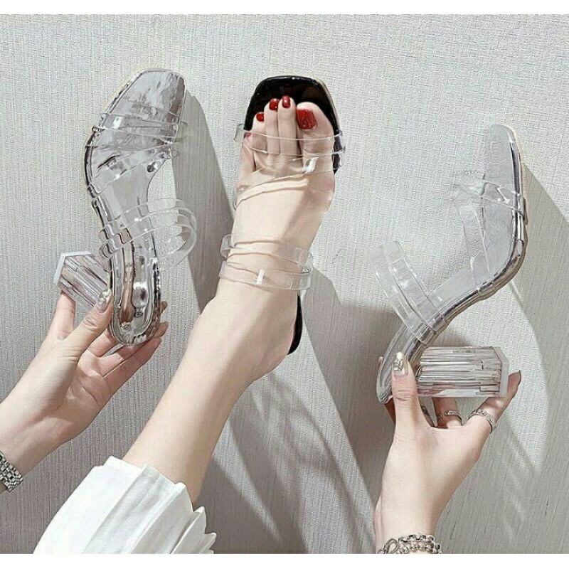 sandal wanita hak kaca jelly bening