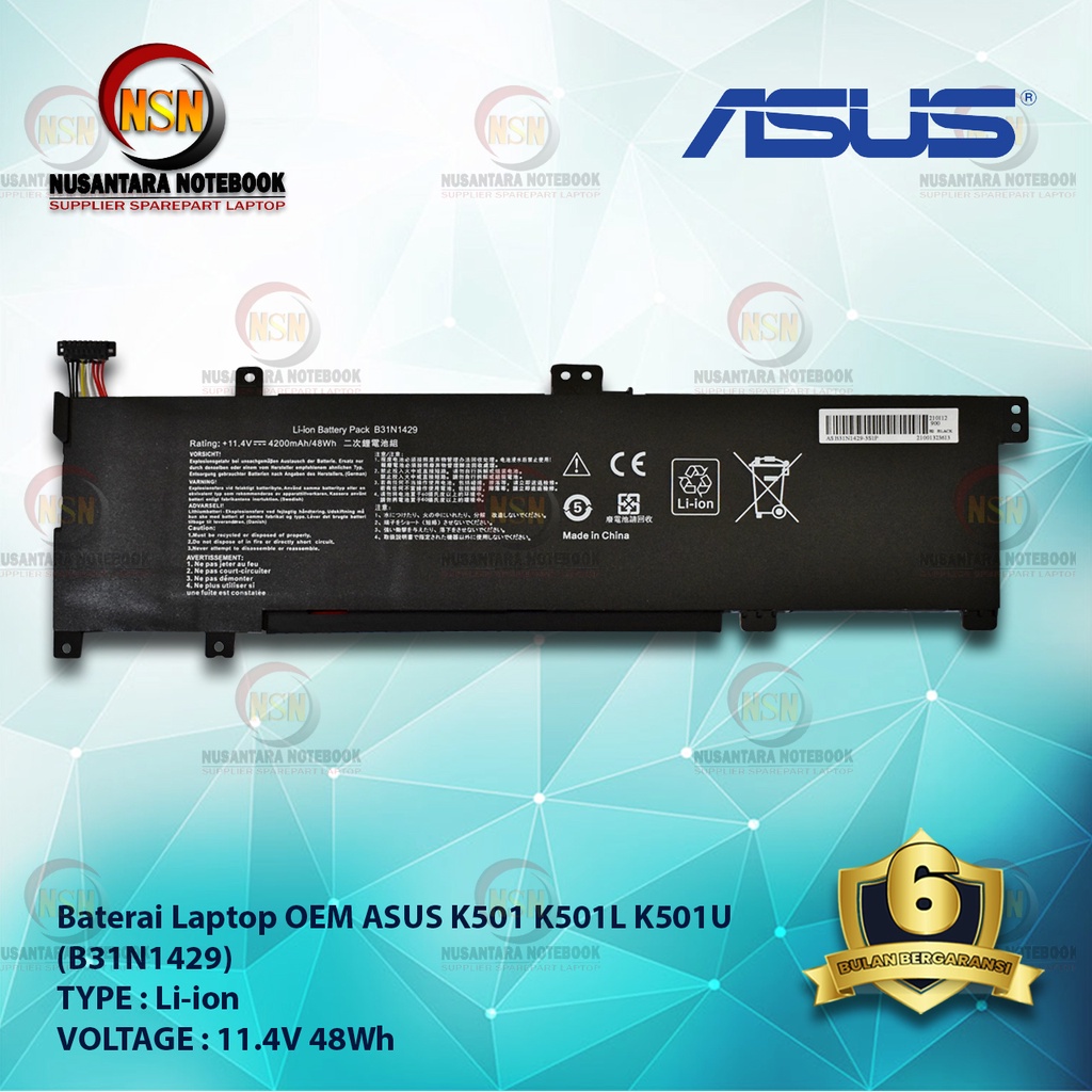 Baterai Laptop OEM ASUS K501 K501L K501U B31N1429