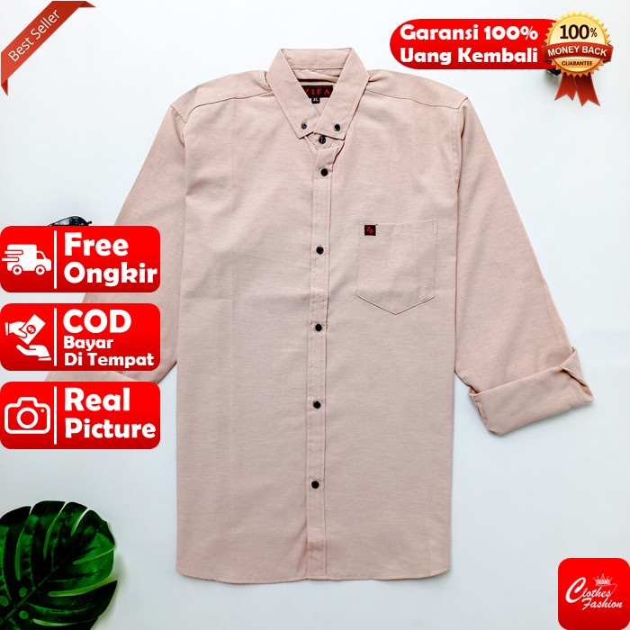 BAJU KEMEJA KAMEJA HEM POLOS CREAM PRIA LENGAN PANJANG COWOK KASUAL GRATIS ONGKIR
