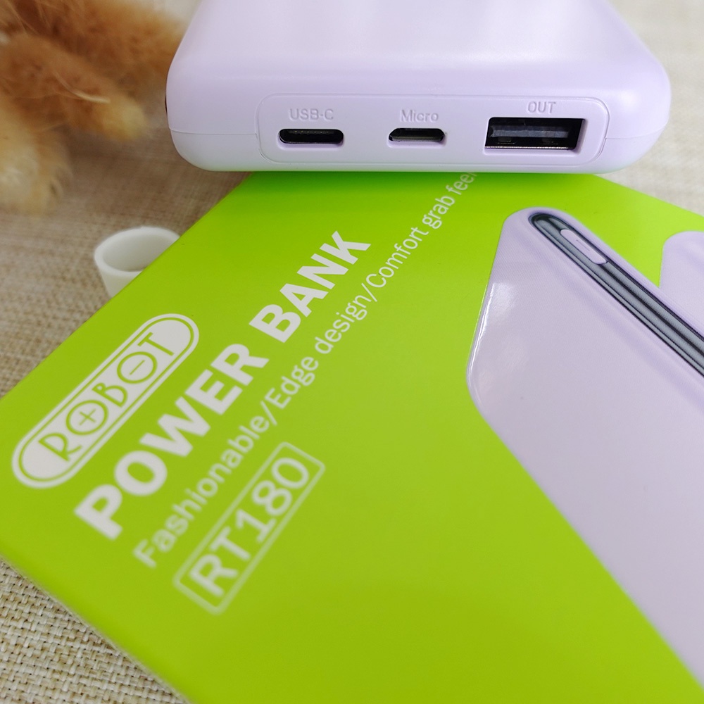 POWER BANK 10000 MAH POWERBANK ROBOT 10000 mAh POWER BANK ROBOT DUAL INPUT TYPE C &amp; MICRO LIGHTNING USB RT180 POWERBANK 10000 mAh OUTPUT UNIVERSAL DUAL INPUT