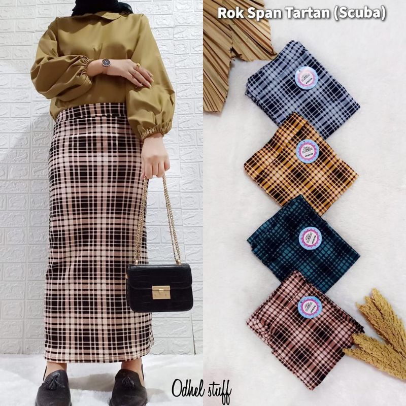 Rok Span motif kotak /Rok span wanita kekinian