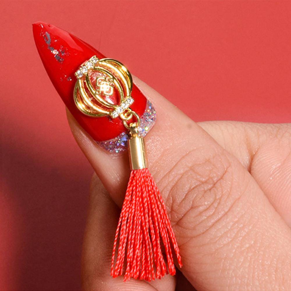 AUGUSTINA Agustina 3D Kuku Berlian Imitasi DIY Zirkon Merah Rumbai Manikur Kristal Simpul Cina