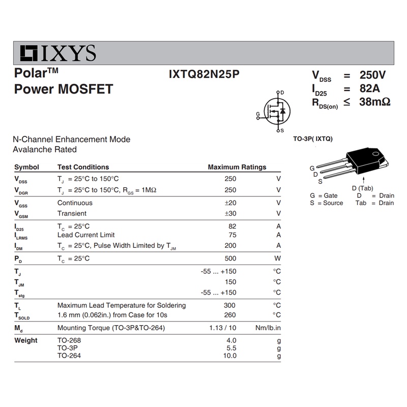 TRANSISTOR IXTQ82N25P IXYS KOREA TR IXTQ 82N25P 82N25