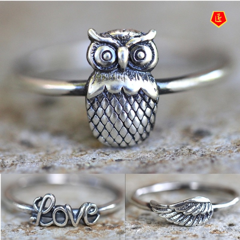 [Ready Stock]S925 Vintage Silver Owl Ring Love Feather Wings