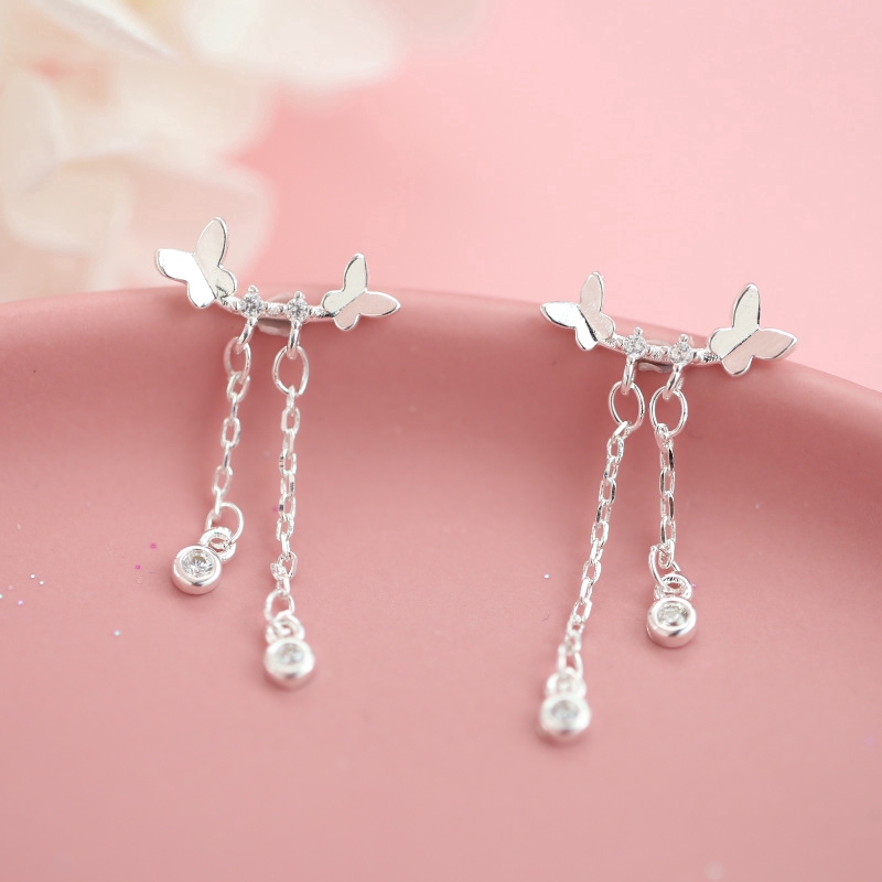 Fashion Aksesoris S925 Anting-Anting Perak Murni Kecil Segar Ganda Kupu-kupu Desain Kuku Telinga