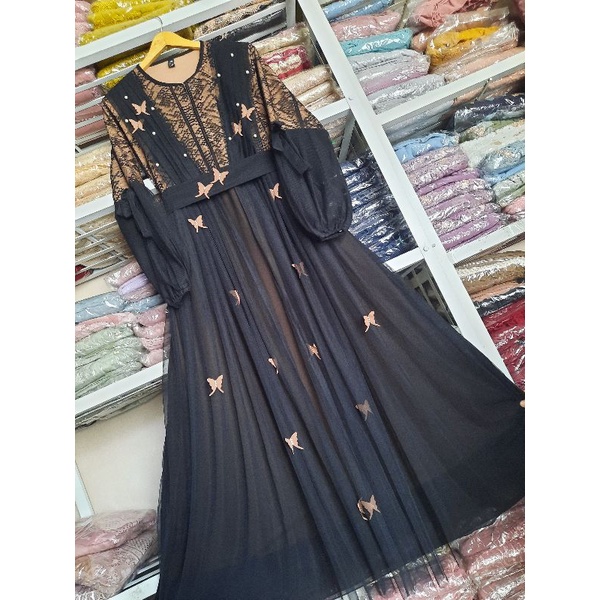 GAMIS CERUTY BURKAT|| TILLE BUTTERFLY|| GAMIS PESTA||FASHION WANITA,BAJU GAMIS MEWAH,GAMIS TERBARU 2021,GAMISKEKINIAN,PAKAIAN WANITA,PAKAIAN TERMURAH BARU-Full Hitam