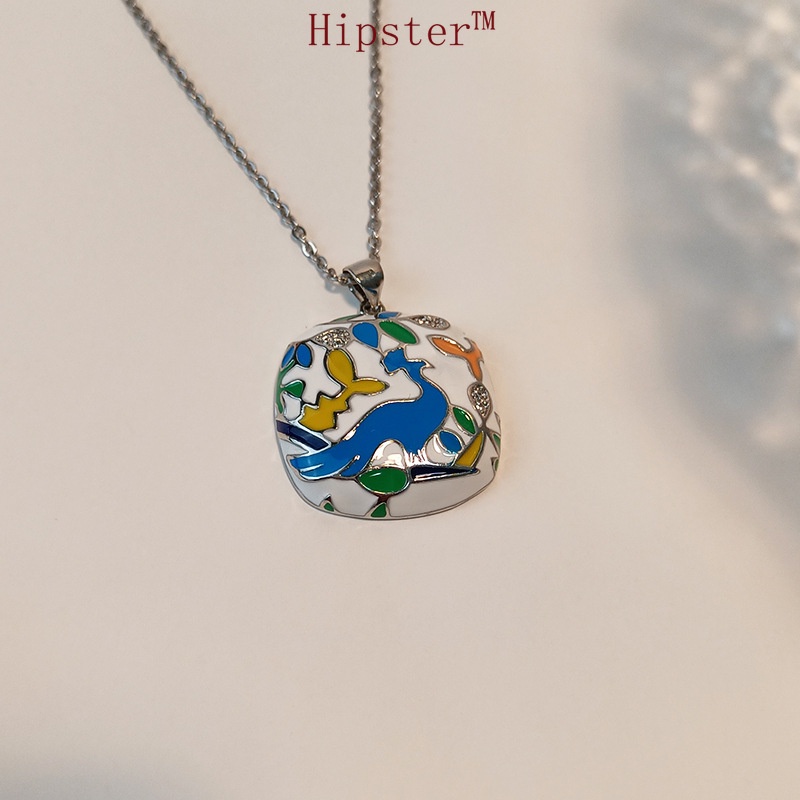 Light Luxury Painted Enamel Cloisonne Cartoon Flower and Bird Pendant Necklace