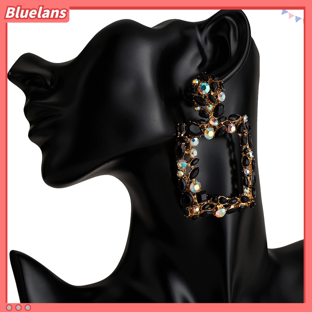 Bluelans Bohemia Women Colorful Rhinestone Hollow Square Charm Statement Stud Earrings