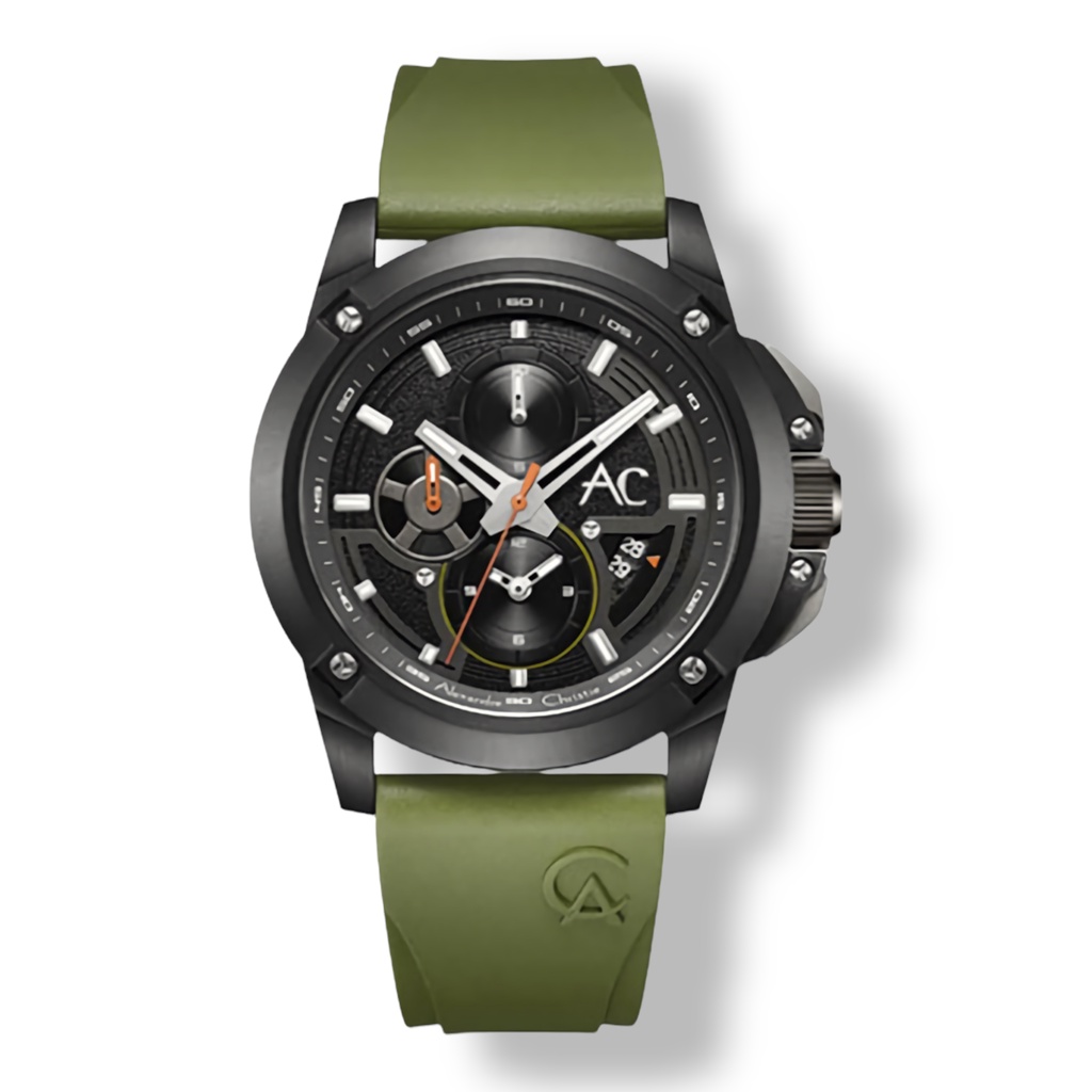 Alexandre Christie 9602 MCRIPBAGN - Jam Tangan Chronograph Pria - Black - Green Rubber Strap