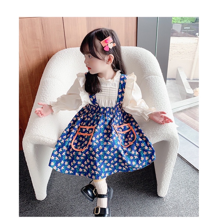 Dress import Anak Perempuan Gaun Pesta Korean Style Set 2in1 Motif Biru Bunga Pouch