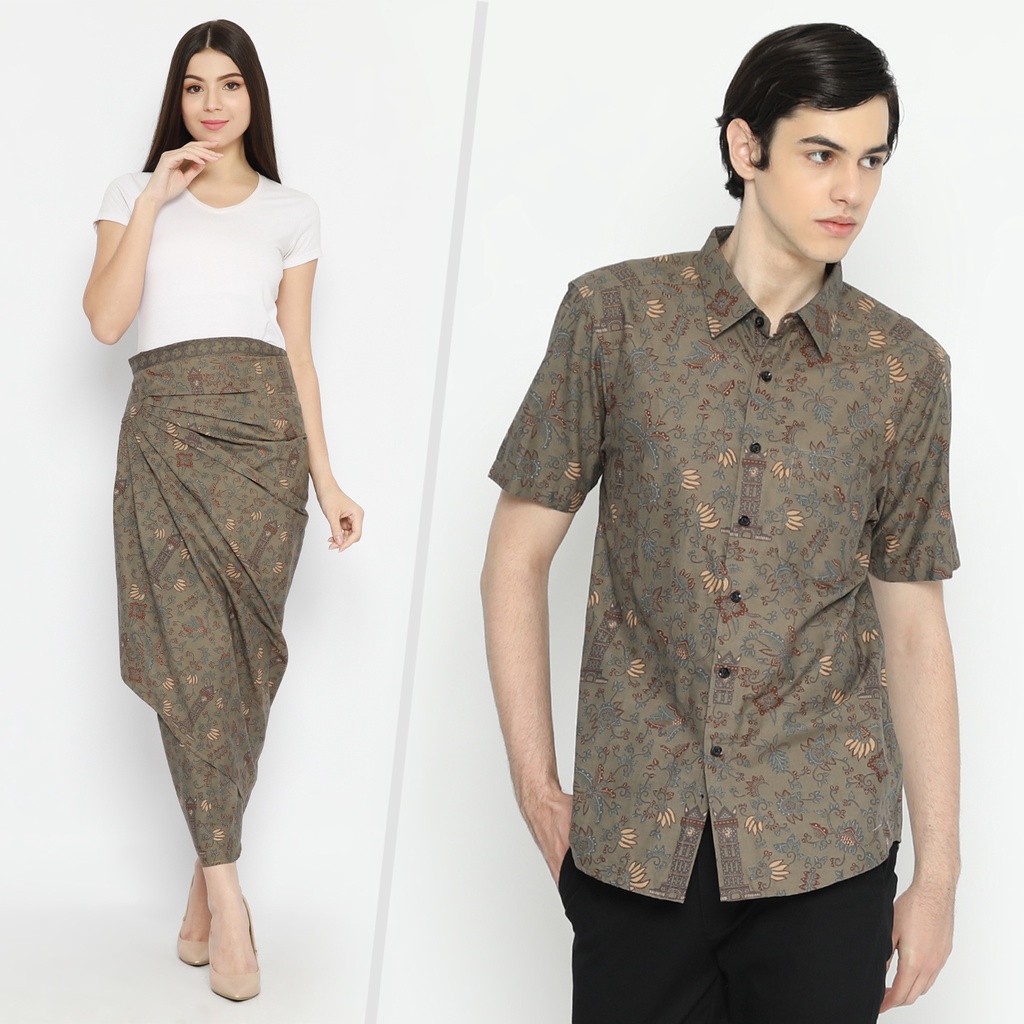 BATIK COUPLE MODERN Kemeja Rok Lilit Instan Batik Pria Lengan Pendek Premium Motif Jam Gadang Hijau Abu 721065 CAP 72