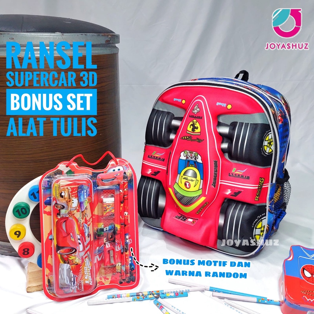 Tas 3D Anak SD Berbonus - Ransel  3D Anak SD Super Car - Tas Sekolah Anak SD Karakter Super Car - Tas Anak Laki-Laki SD Gratis Botol Dan Misting - Tas Sekolah Anak Karakter Lucu - Joyashuz