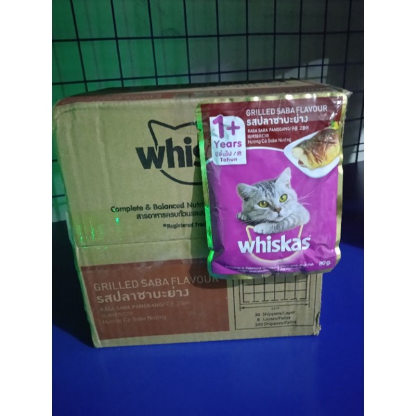 (1dus/24pics) Whiskas poucs griled saba 85gram makanan kucing sachet whiskas