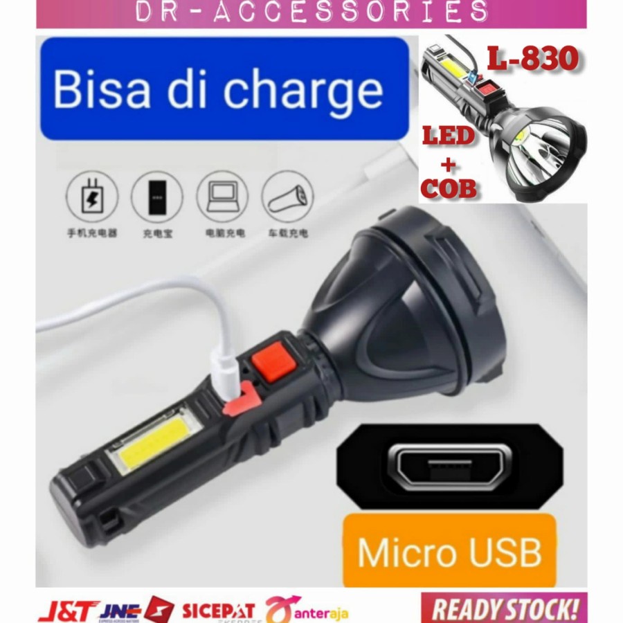 COD SENTER LED COB L-830 SENTER CAMPING RECHARGEABLE USB 4 MODE / SENTER USB RECHARGER  FLESHLIGT EMERGENCY L-830 CAHAYA PUTIH