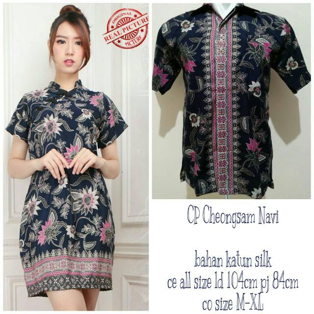 Couple navy cheongsam dress dan kemeja batik