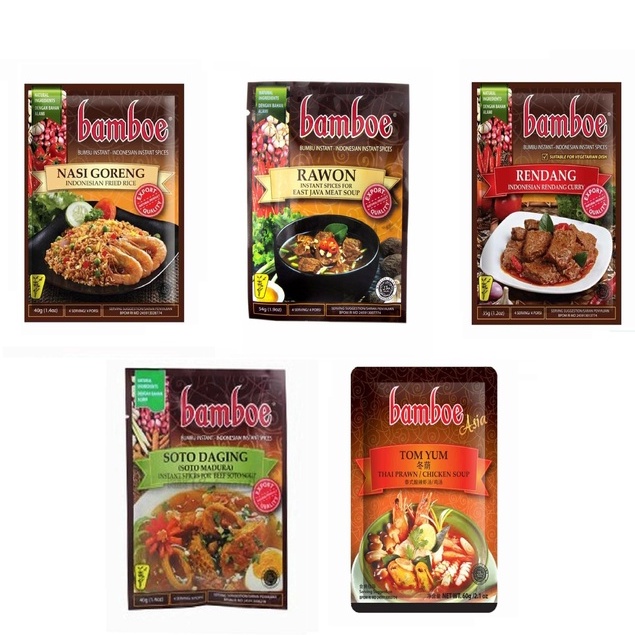 

Bumbu masak instant bamboe rasa tom yum, rawon, nasi goreng, rendang dan soto madura