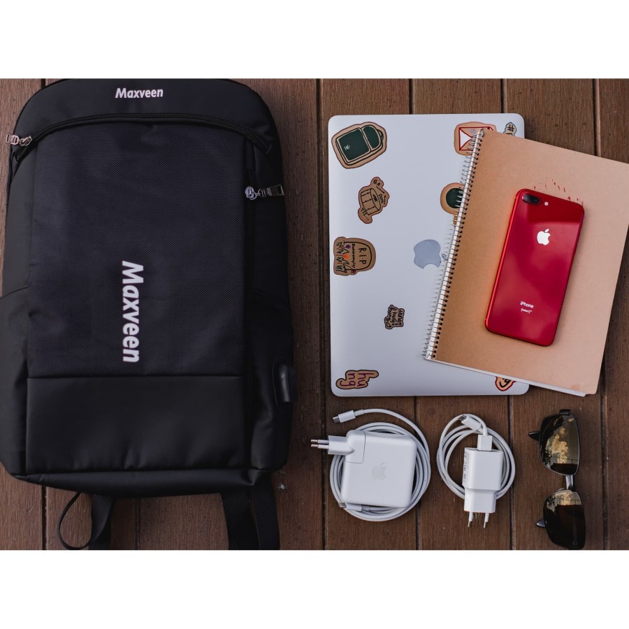 Maxveen Tas Ransel Tertipis ultraslim tas punggung laptop usb backpack