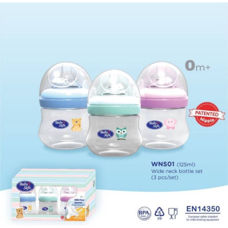 Baby Safe Wide Neck Bottle 125ml Gift Box Isi 3 Pcs (WNS01)/Botol Susu Bayi