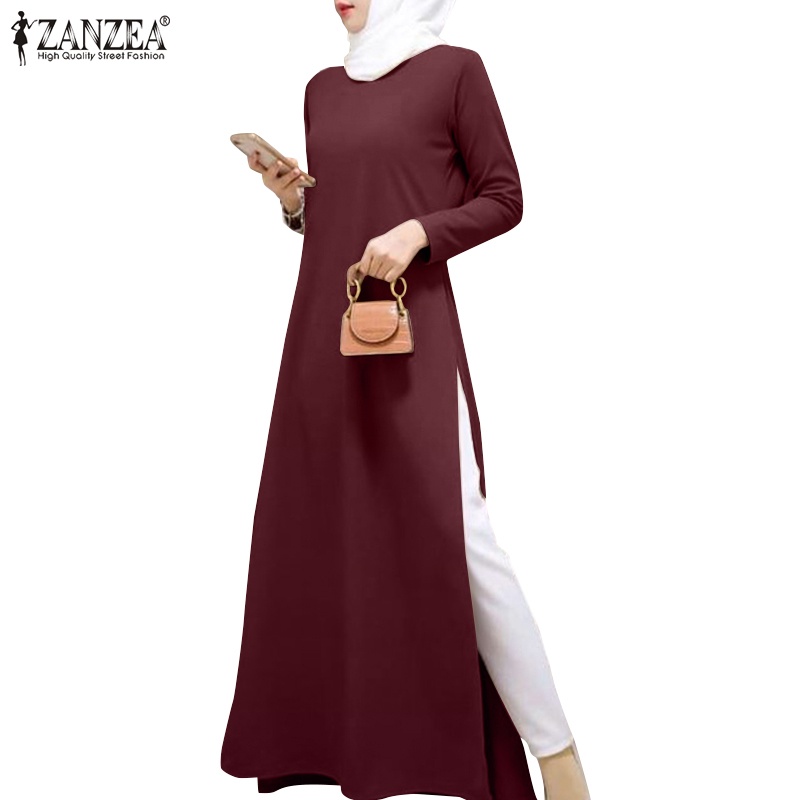 ZANZEA Women Casual Solid Long Sleeve Slit Side Hem Muslim Long Dress