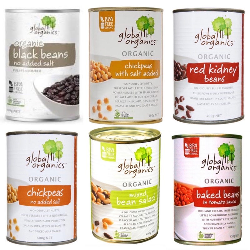 

Global Organics Beans Can 400gr/Baked Beans In Tomato Sauce/Mixed Bean Salad/Chickpeas No Added Salt/Red Kidney Beans/Chickpeas With Salt Added/Black Beans No Added Salt