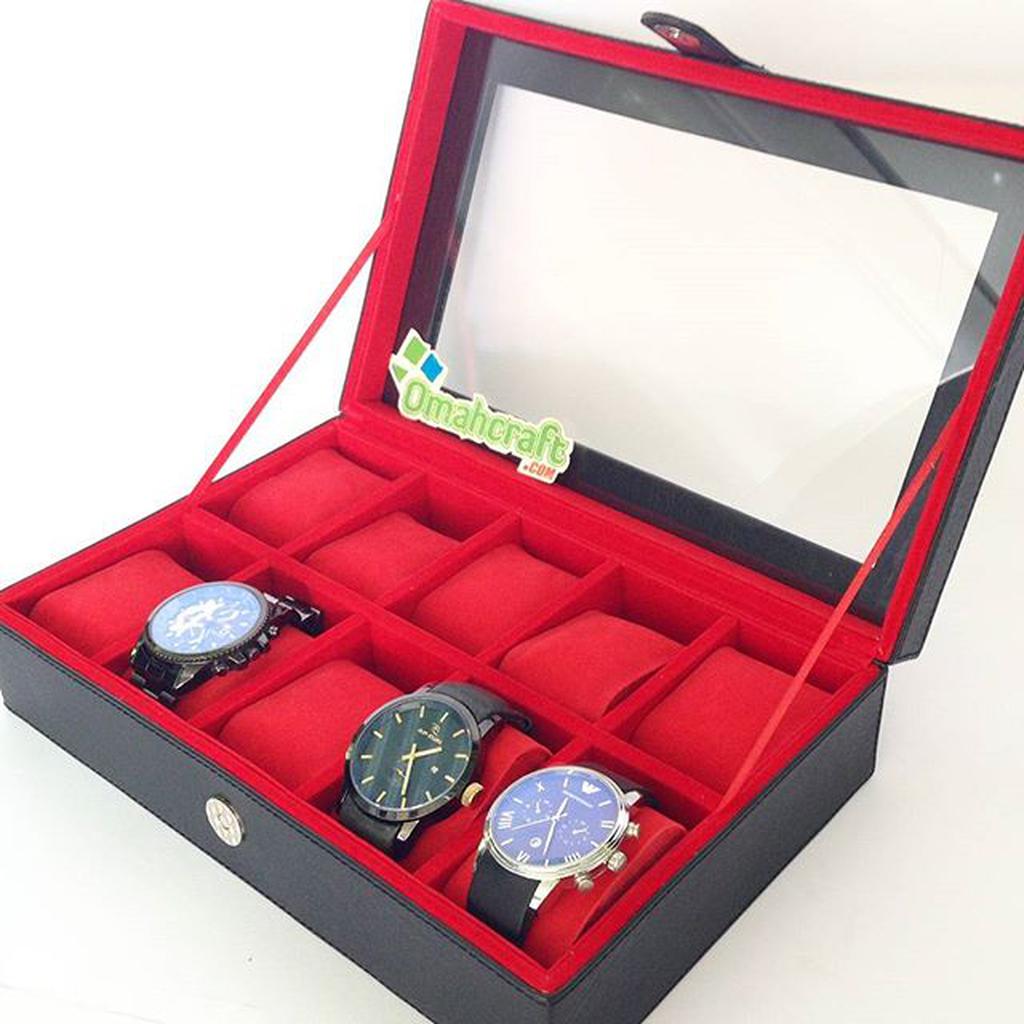 HITAM MERAH - Kotak Jam Tangan JUMBO isi 10 / Box Tempat Jam Tangan Arloji / Watch Box
