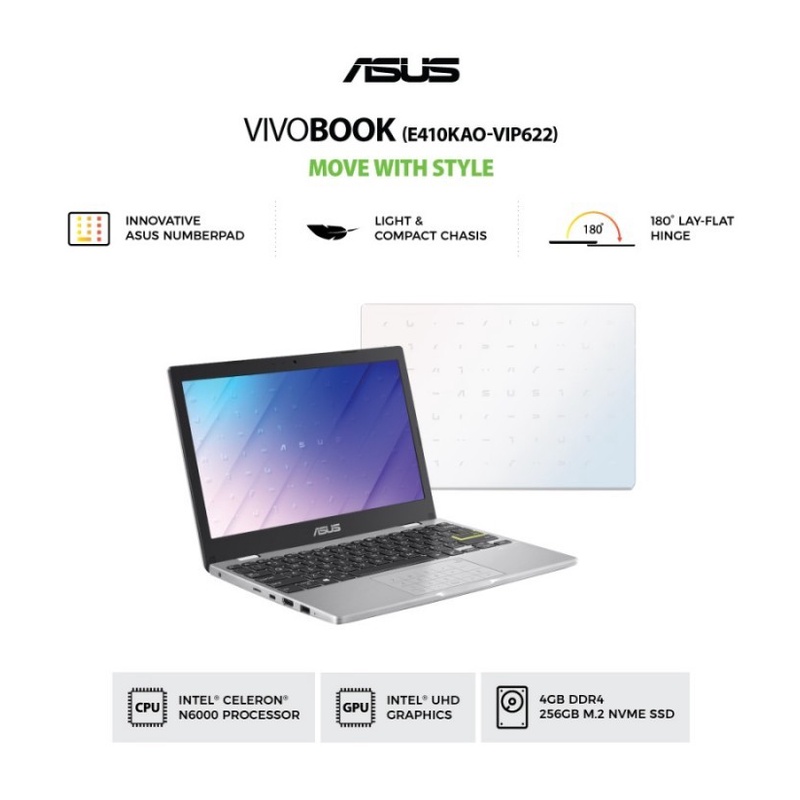 ASUS VIVOBOOK E410KAO-VIPS621/622/624 INTEL N6000 4GB SSD 256GB 14"VIPS WIN 11 OHS NUMBERPAD