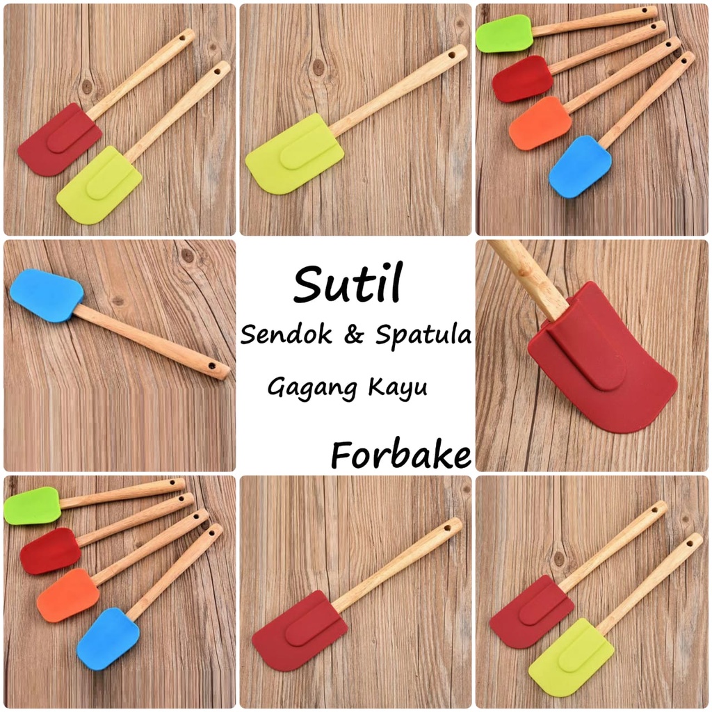 Spatula Sendok Sutil Silicone Silikon Alat Masak Dapur Gagang Kayu