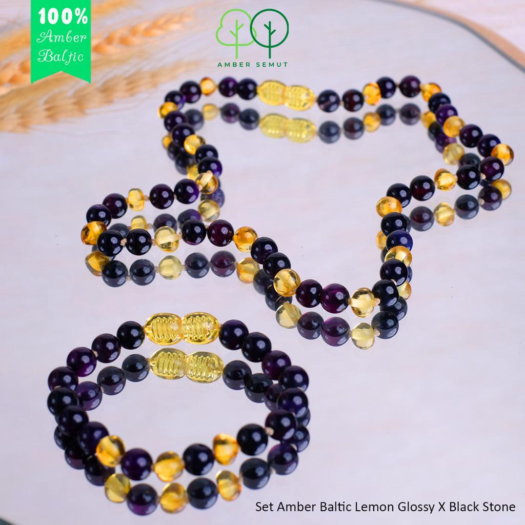 PROMO FREE GELANG - Kalung Amber Baltic Lemon Glossy X Black Stone by AMBER SEMUT