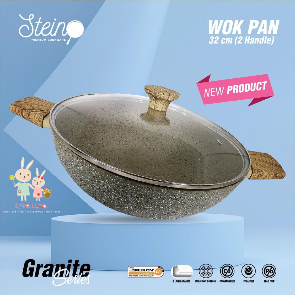 Steincookware Wok Pan 32cm Granite Series - Wok Pan Double Handle 32cm - Panci Stein