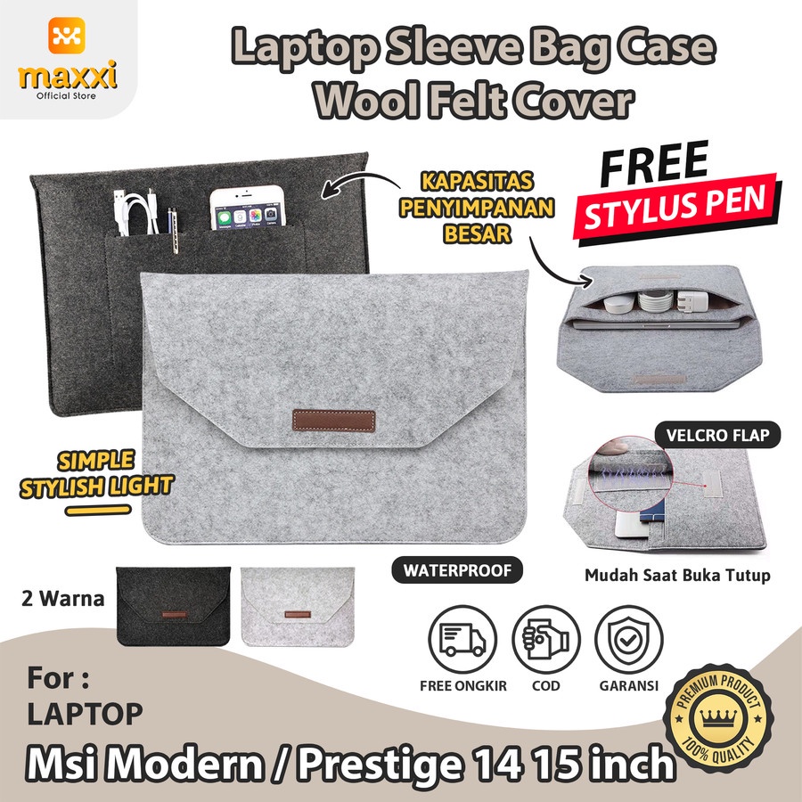 Msi Modern Prestige 14 15 Laptop Bag Soft Cover Sleeve Sarung Casing Kanvas Pouch Velcro Perekat Mod