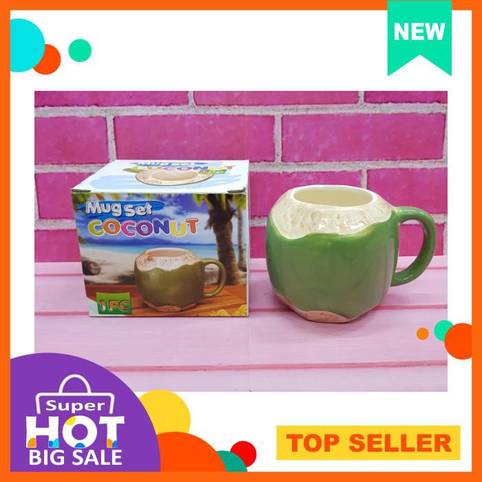 Mug Coconut Glass Gelas Mug Keramik Motif Buah Kelapa Hijau Muda