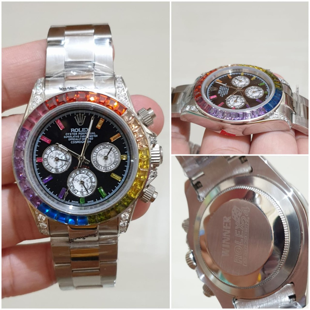 COD Promo Jam Rolex Special Daytona Rainbow Diamond Silver Garansi 1th Kaca Anti Gores - Automatic
