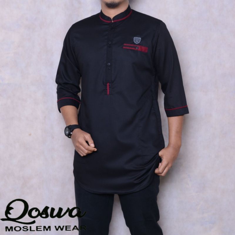 SPECIAL PROMO Baju Muslim Pria Dewasa Kurta Pakistan Koko Murah Original Qoswa NEW Best Seller-Hitam