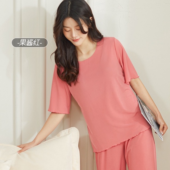 Ɛѵҽ Baju Tidur Wanita Set Piyama Lengan Pendek Longgar Solid Warna Dan Celana Panjang 1221