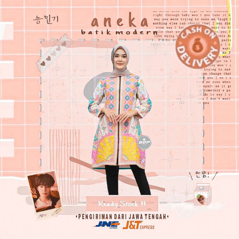 TUNIK DRESS BATIK WANITA KONDANGAN KERJA KANTOR WARNA KUNING PINK HIJAU MUDA ORANGE HITAM