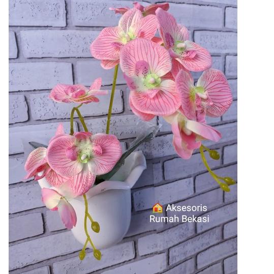 ♡ SET BUNGA PLASTIK ANGGREK 2 CABANG BESAR DENGAN POT DINDING OMBAK ☈