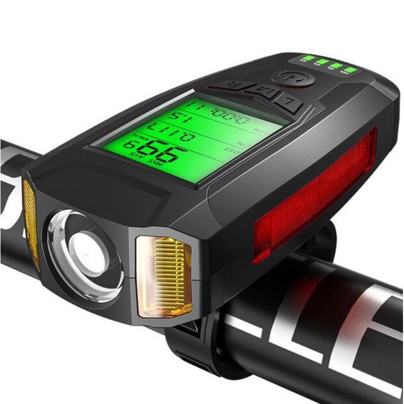 ANLOOK 4 in 1 Lampu Sepeda + Klakson + Speedometer Rechargeable 1200mAh