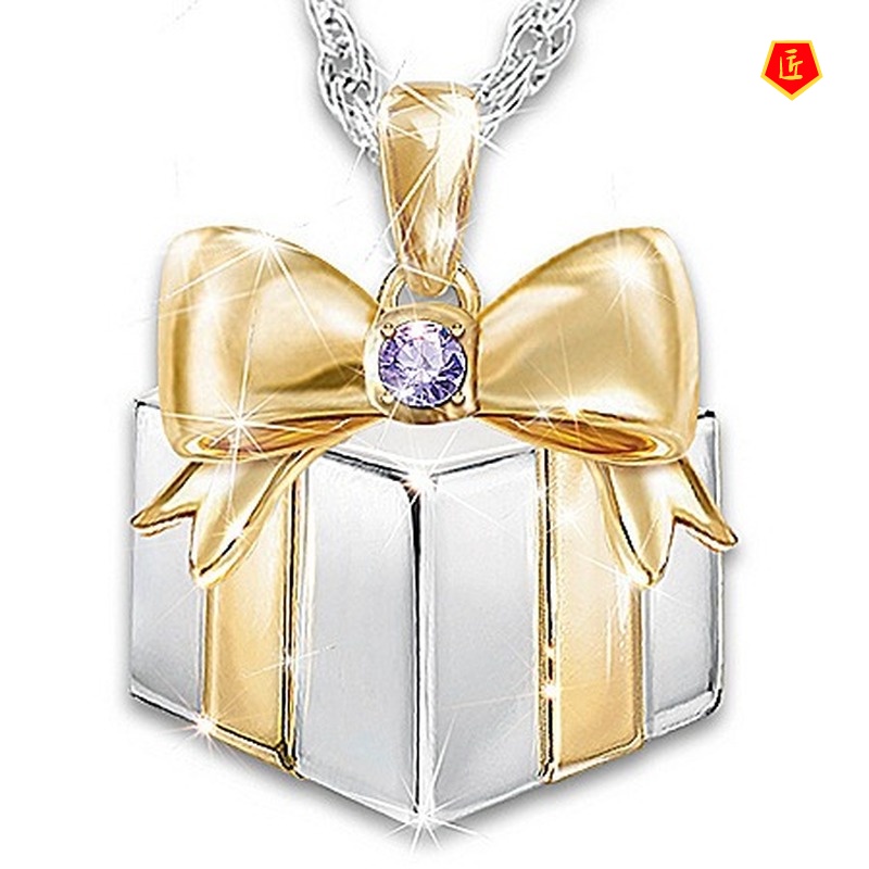 [Ready Stock]Christmas Gift Box Jeweled Pendant 18K Gold Plated Two-Tone Necklace
