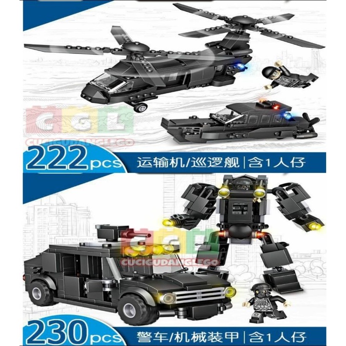 Mainan Lego Swat Polisi Police 2 in 1 Mobil Robot Helikopter Aircraft Kapal Polisi Sedang