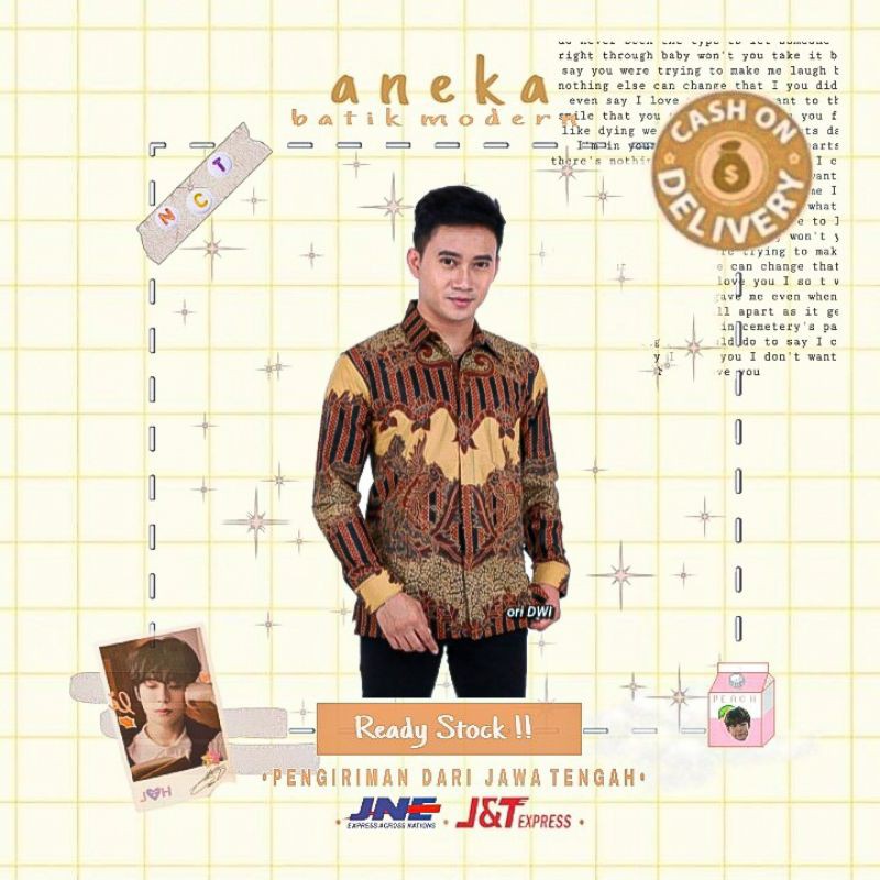 HEM KEMEJA ATASAN BATIK PRIA COWOK LENGAN PANJANG WARNA KOMBINASI COKLAT ORANGE HITAM CREME XXL