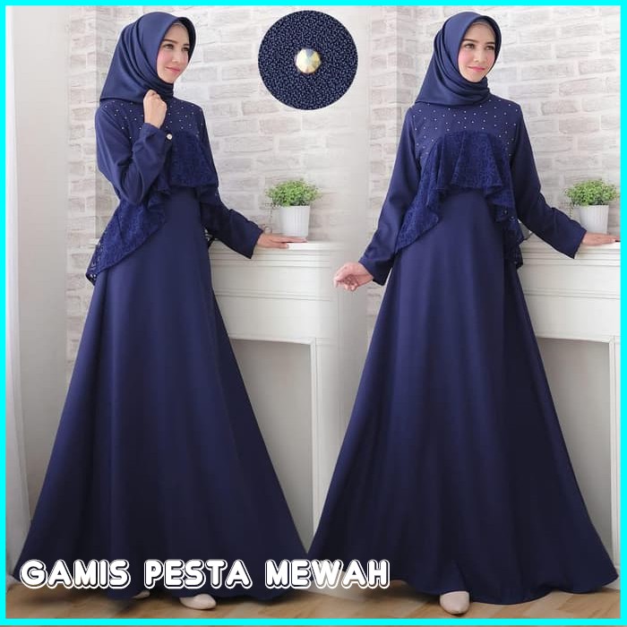 BAJU GAMIS PESTA WANITA TERBARU NAVY /BAJU PESTA MUSLIM WANITA MUTIARA