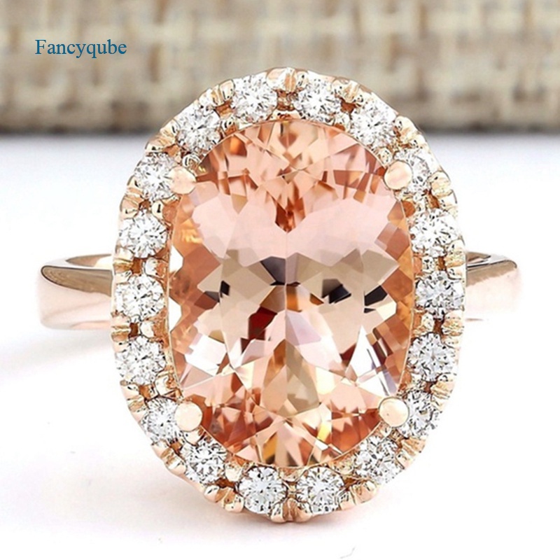 Fancyqube Cincin Kristal Zircon Bentuk Oval Warna Emas Sampanye Gaya Vintage Untuk Wanita