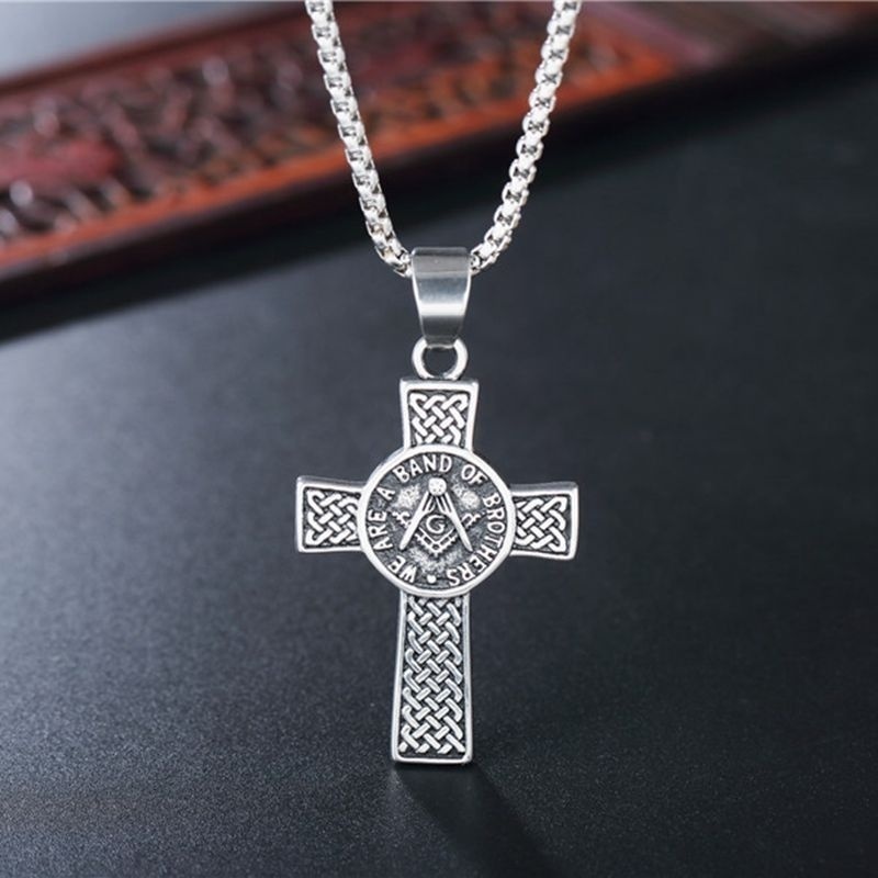 Kalung Liontin Salib Masonic Warna Silver Gaya Vintage Untuk Pria