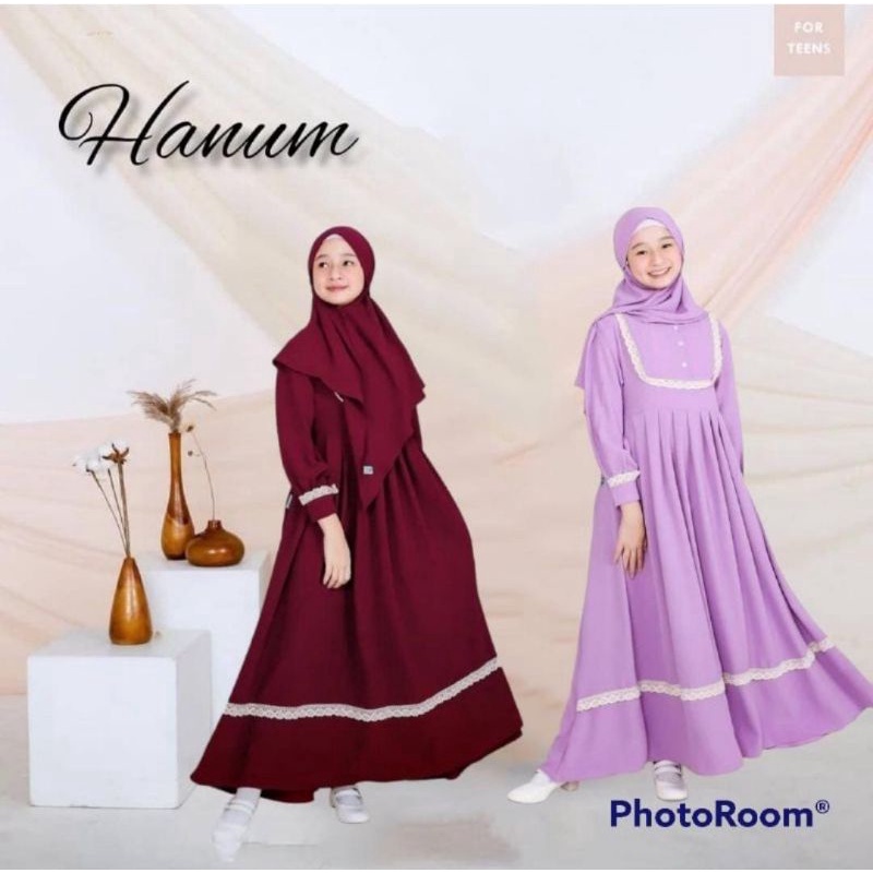 Gamis Syari Remaja Perempuan Umur 9 10 11 12 13 14 15 Tahun Hanum Kids Gamis Set Hijab Anak Bahan Sh